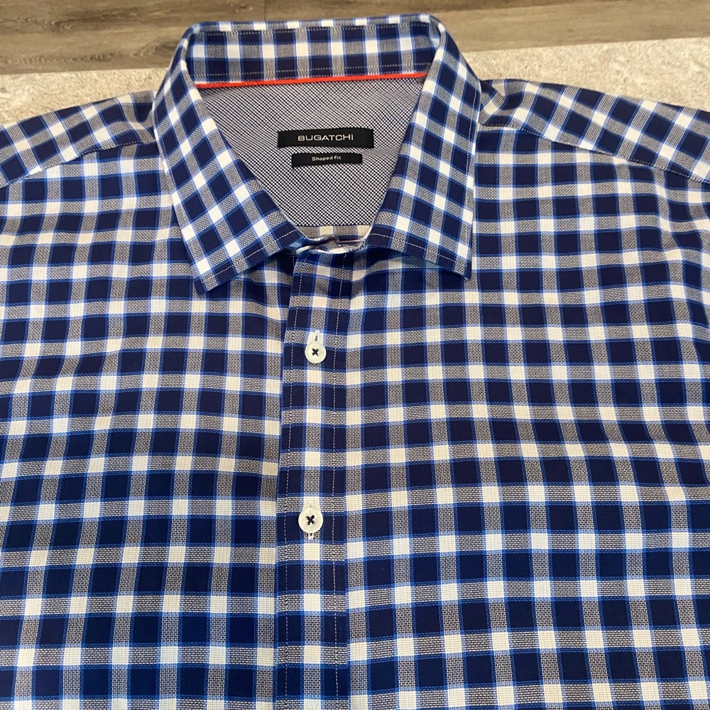 Bugatchi Navy and White Plaid Dress Shirt-XXL